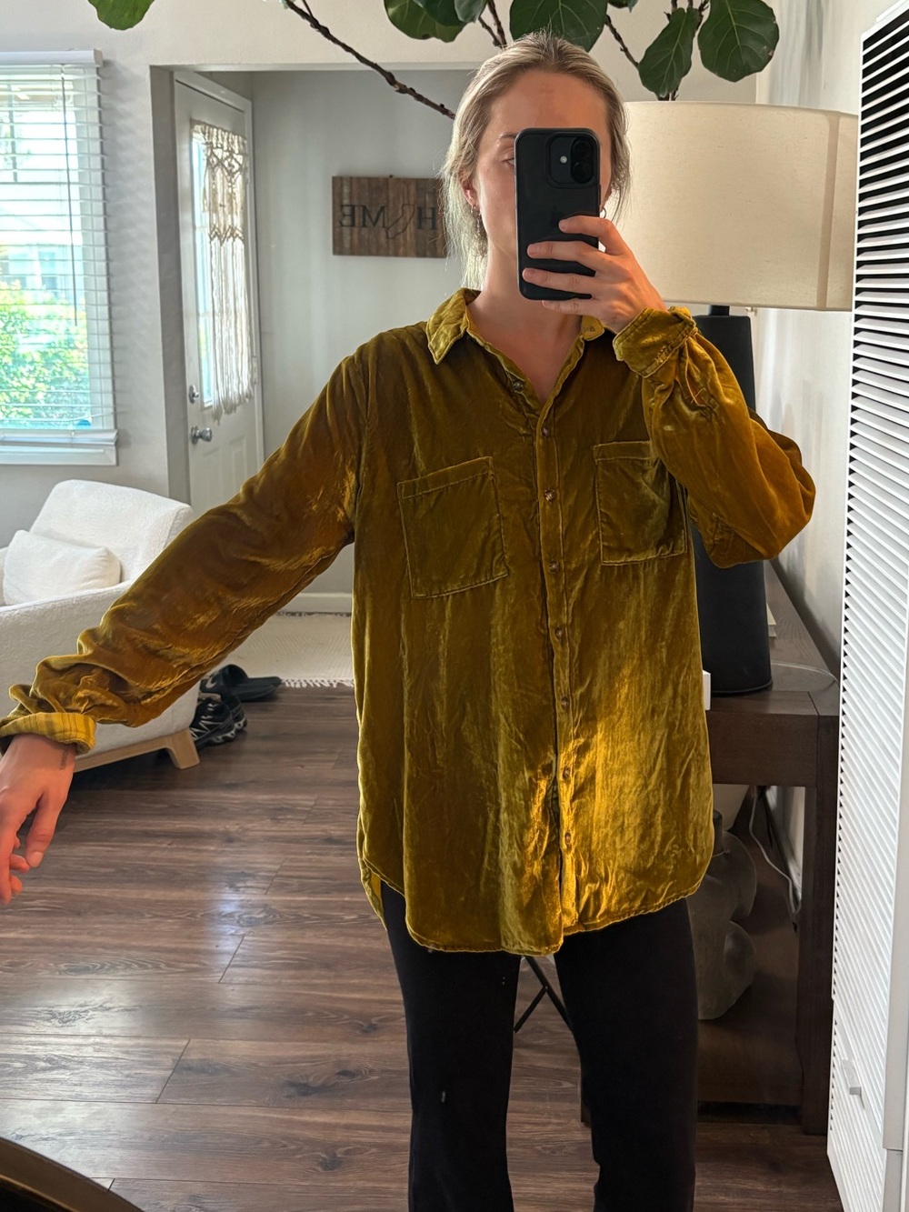 Anthropologie Olive Velvet Button-Down Shirt - Picture 3 of 4